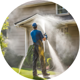 Pressure washing exterior house surfaces to remove dirt and mildew